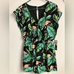 Women’s Tropical Print/Flamingos Romper, Small, Black/Green🦩🦩🦩by As You Wish